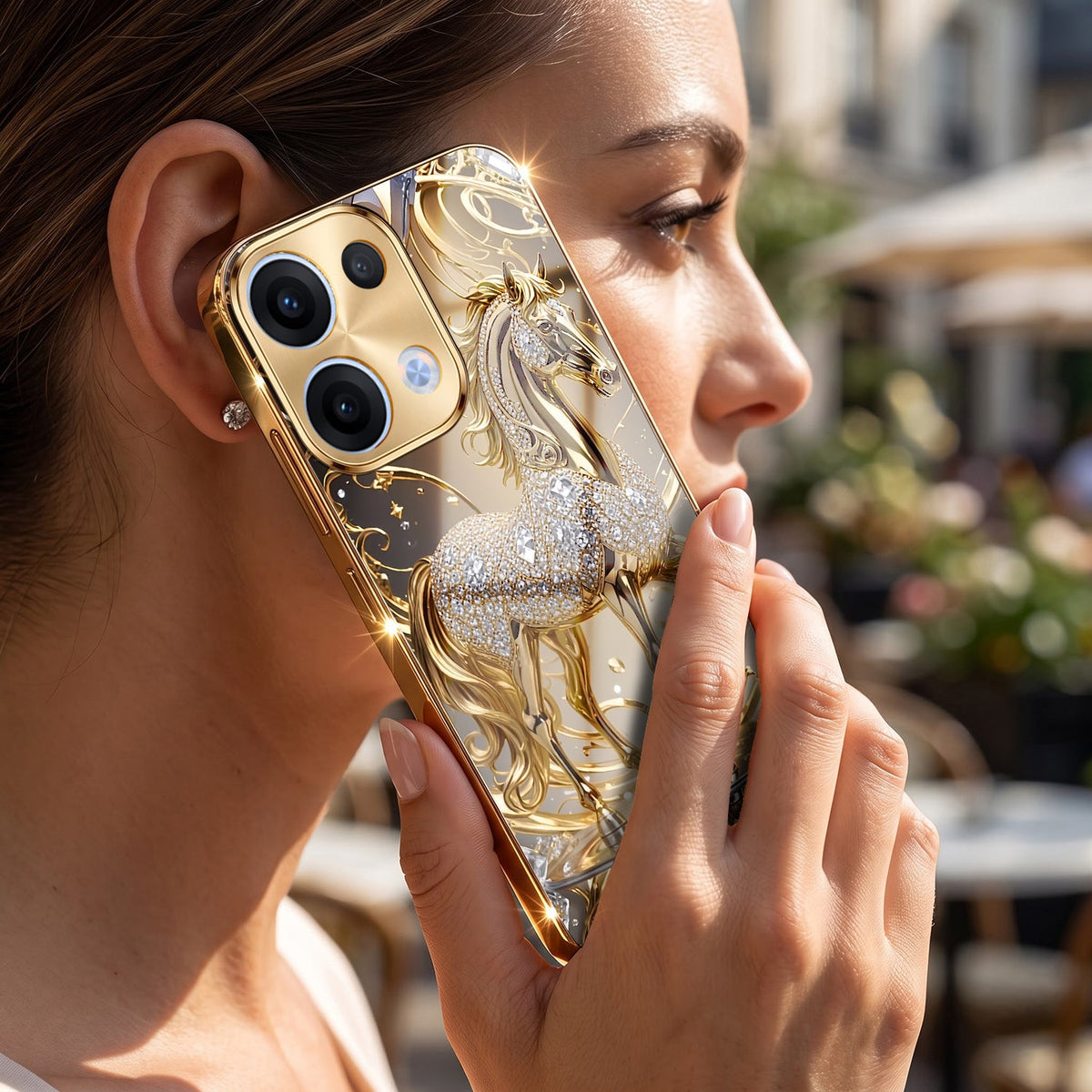Oppo Reno 13 5G Luxury Horse Texture Gold Electroplated Glass Phone Back Case