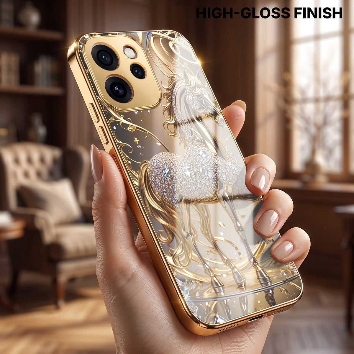 Oppo Reno 15 Pro Mini 5G Luxury Horse Texture Gold Electroplated Glass Phone Back Case