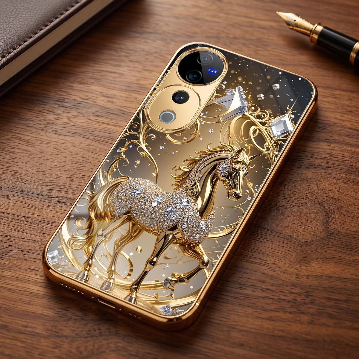 Vivo V40 Pro 5G Luxury Horse Texture Gold Electroplated Glass Phone Back Case