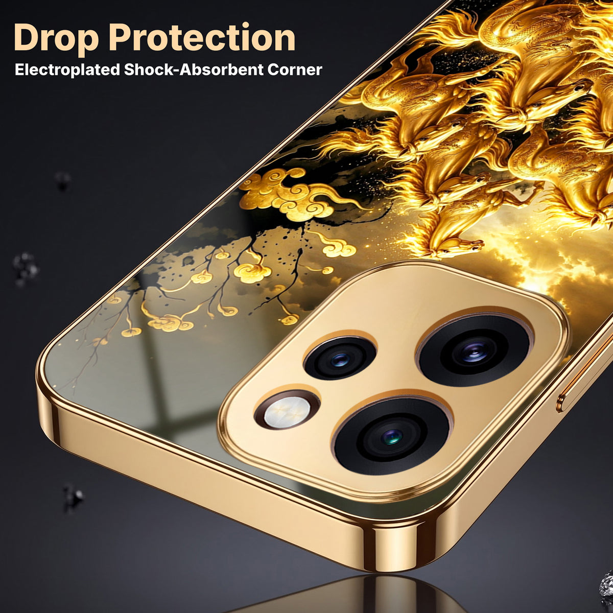 Oppo Reno 15 Pro Mini 5G Horses Royal Glory Gold Electroplated Glass Phone Back Case