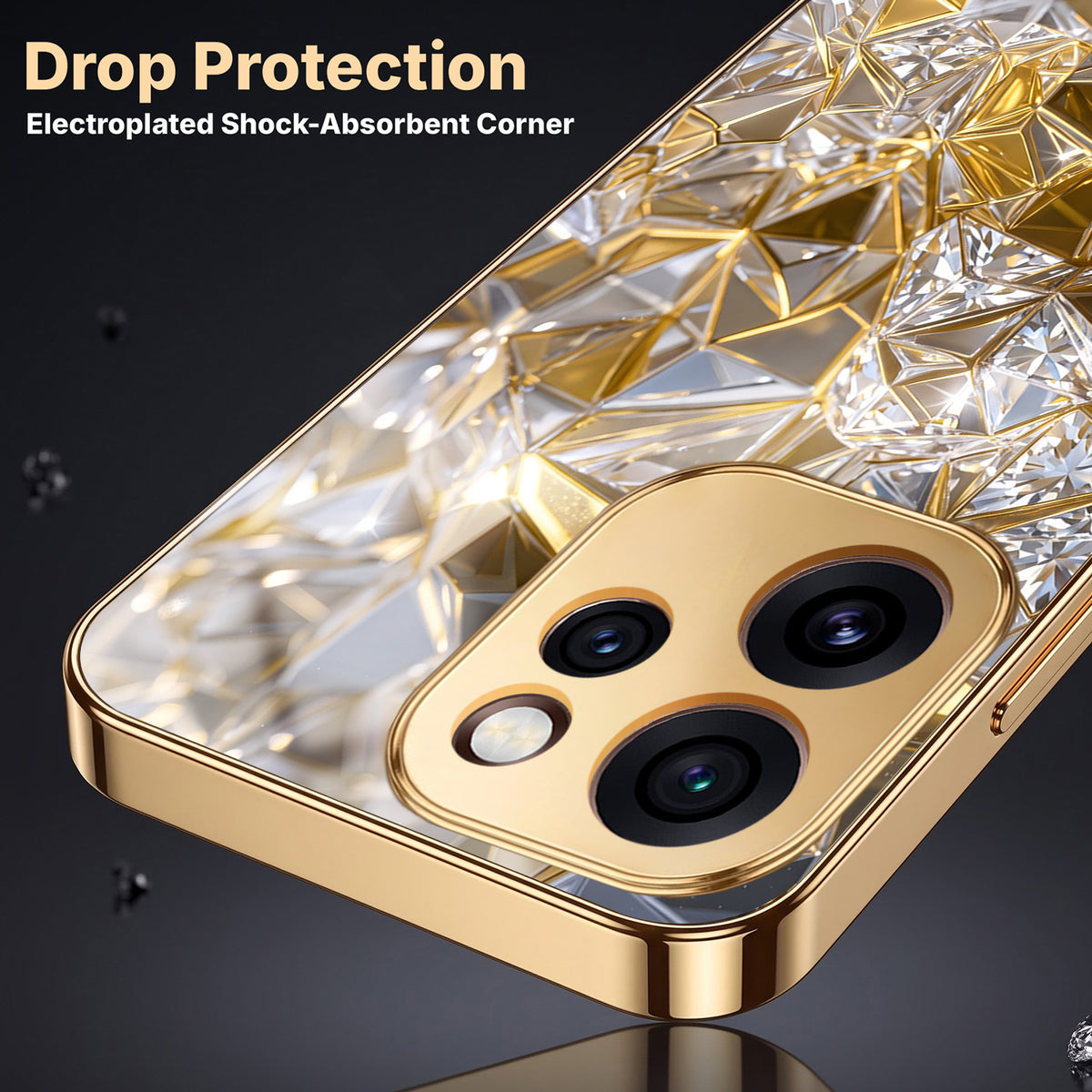 Oppo Reno 15 Pro Mini 5G White Diamond Shatter Gold Electroplated Glass Phone Back Case
