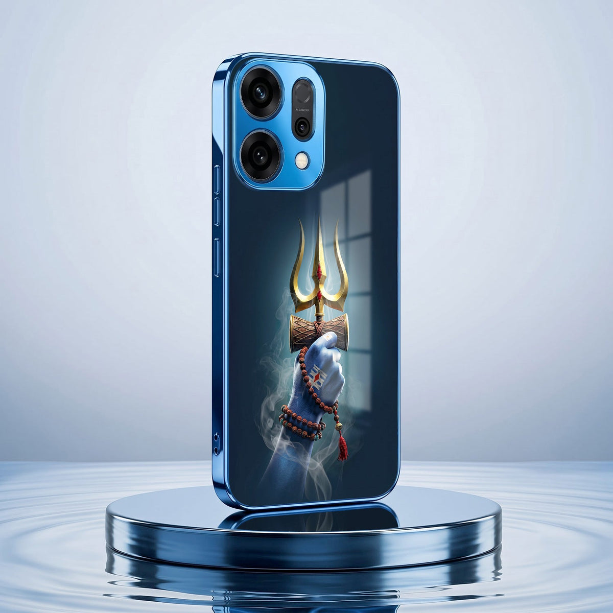 Oppo Reno 14 5G Divine Shiva Trisul Blue Electroplated Glass Phone Back Case