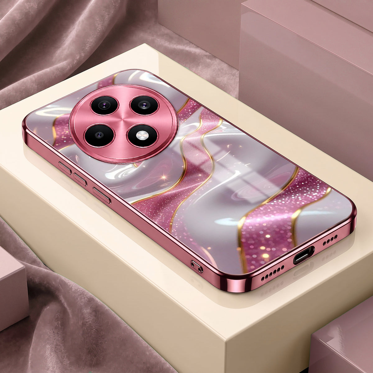 Oppo F27 Pro+ 5G Pearl Marble Pink Electroplated Glass Phone Back Case