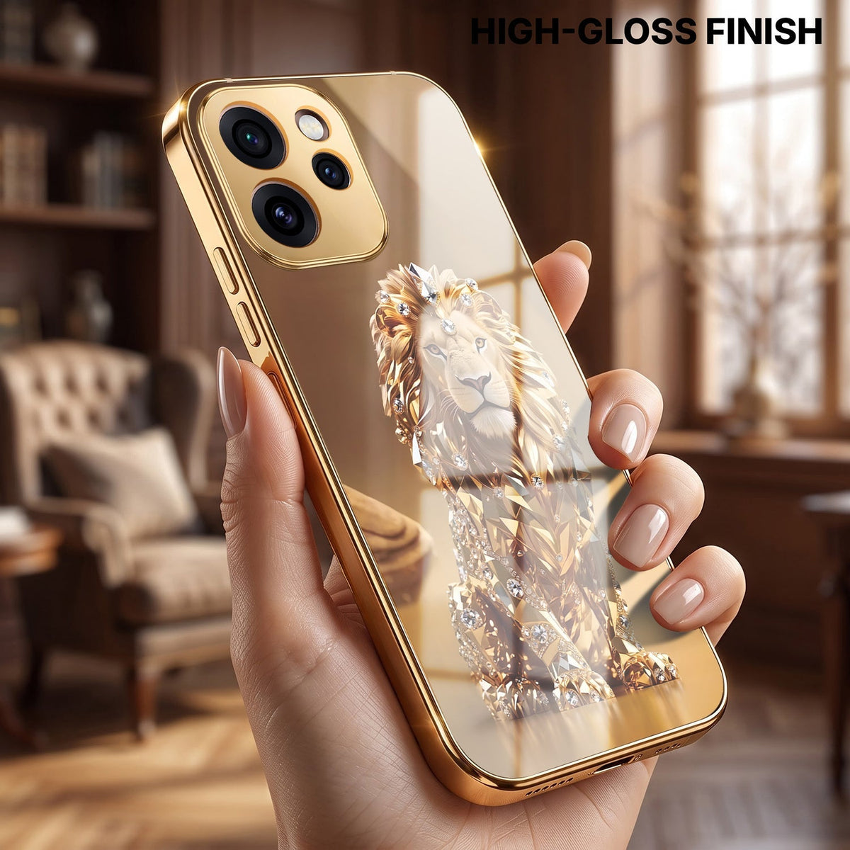 Oppo Reno 15 Pro Mini 5G Luxury Lion Gold Electroplated Glass Phone Back Case