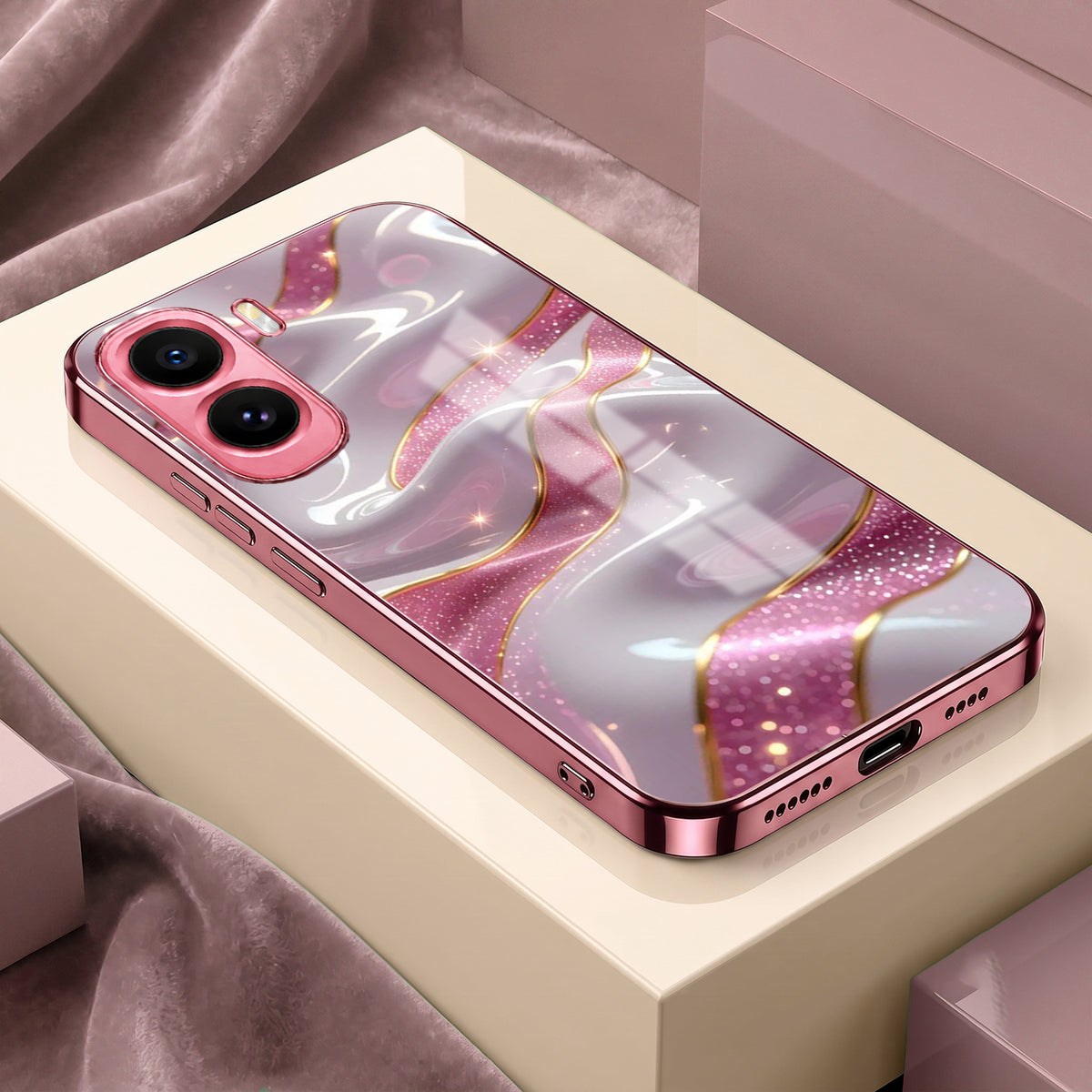 Vivo T5 Pro 5G Pearl Marble Pink Electroplated Glass Phone Back Case