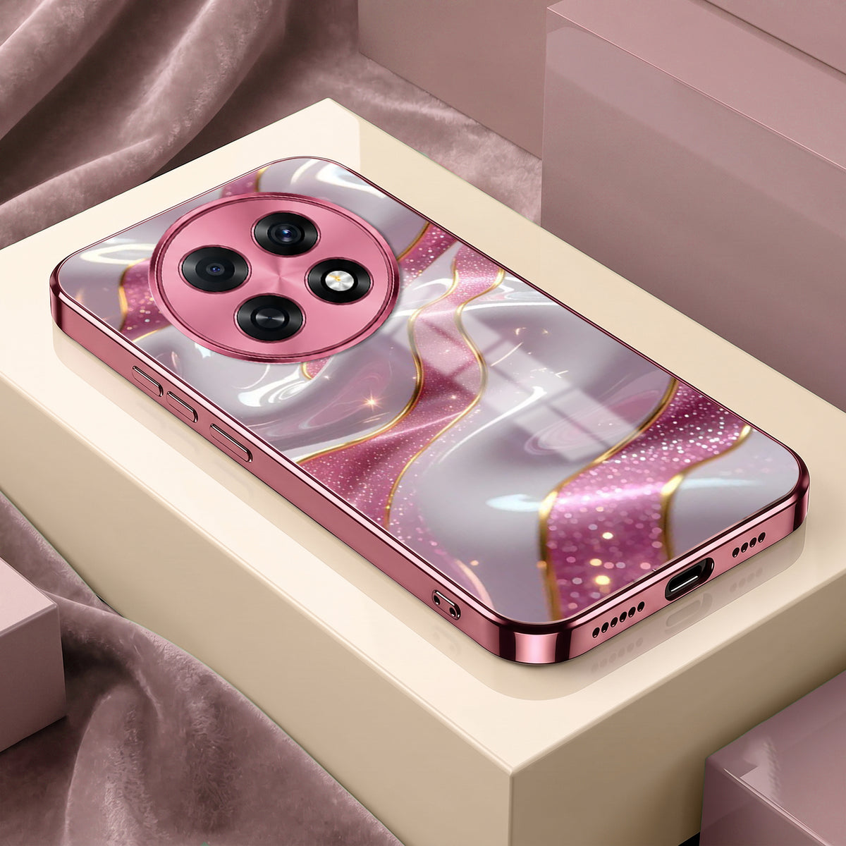 Oppo F31 Pro+ 5G Pearl Marble Pink Electroplated Glass Phone Back Case