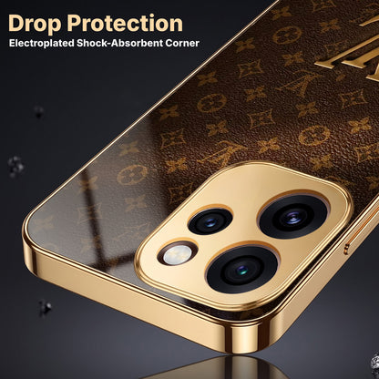 Oppo Reno 15 Pro Mini 5G LV Brown Monogram Gold Electroplated Glass Phone Back Case