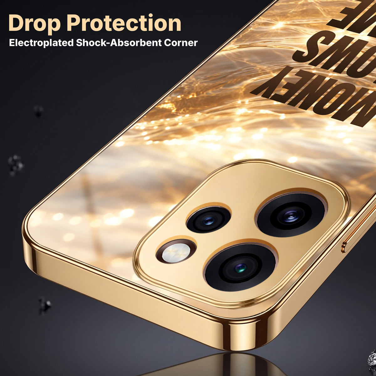 Oppo Reno 15 Pro Mini 5G Money Flows To Me Gold Electroplated Glass Phone Back Case