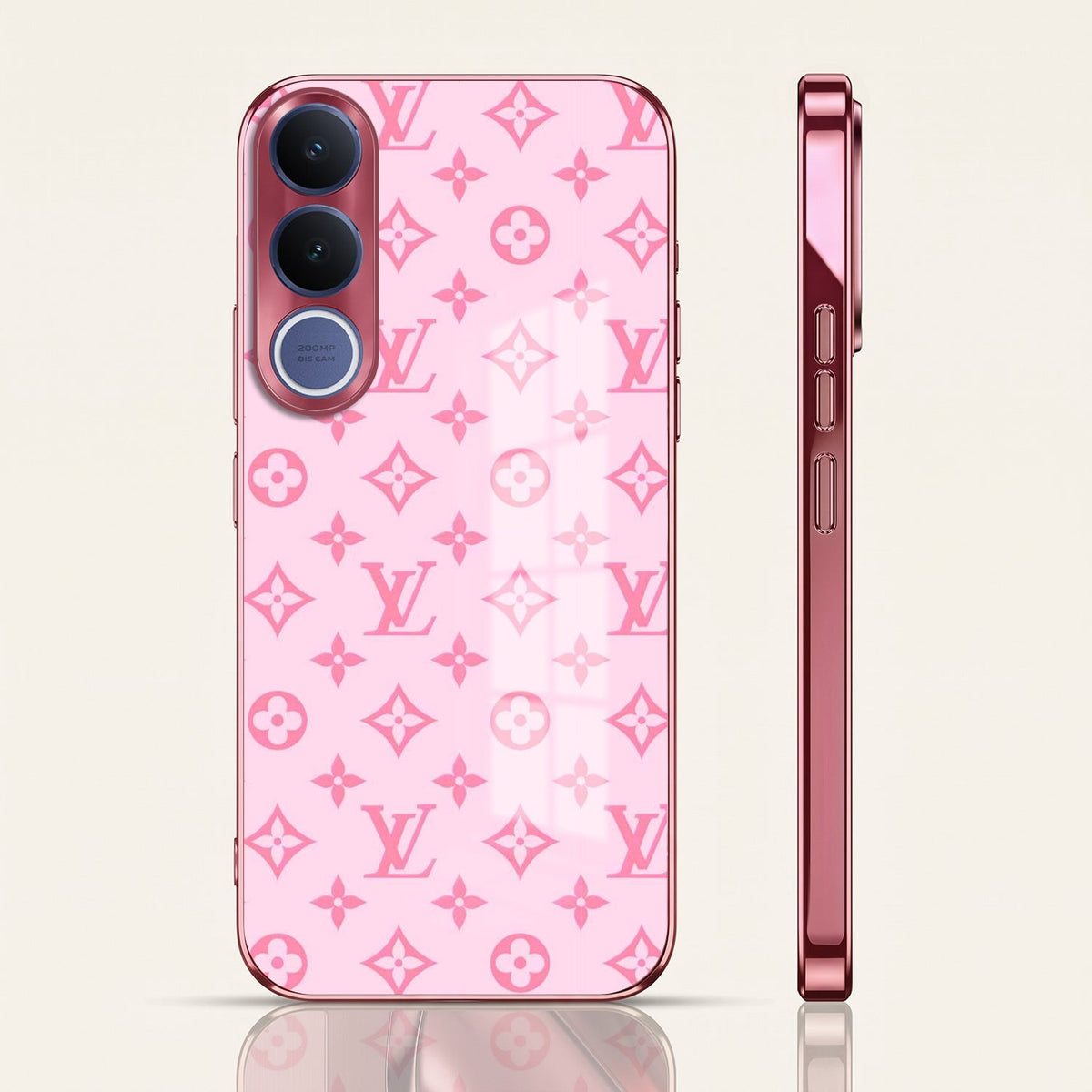 Vivo V70 FE 5G Luxury Monogram Pink Electroplated Glass Phone Back Case