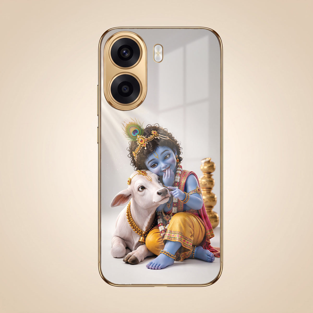 Oppo K14x 5G Bal Krishna Blessings Gold Electroplated Glass Phone Back Case