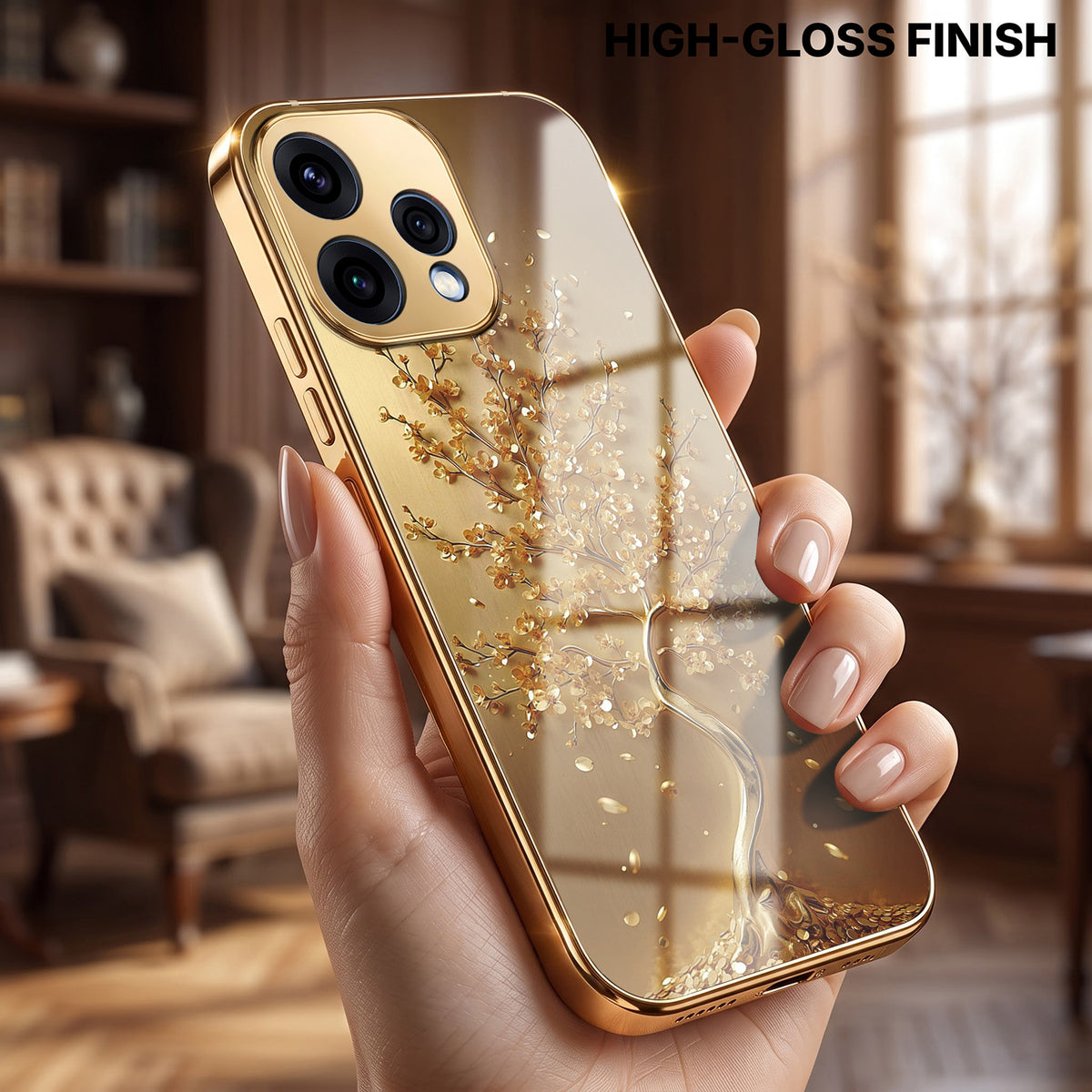 Oppo Reno 15 5G Golden Tree Gold Electroplated Glass Phone Back Case