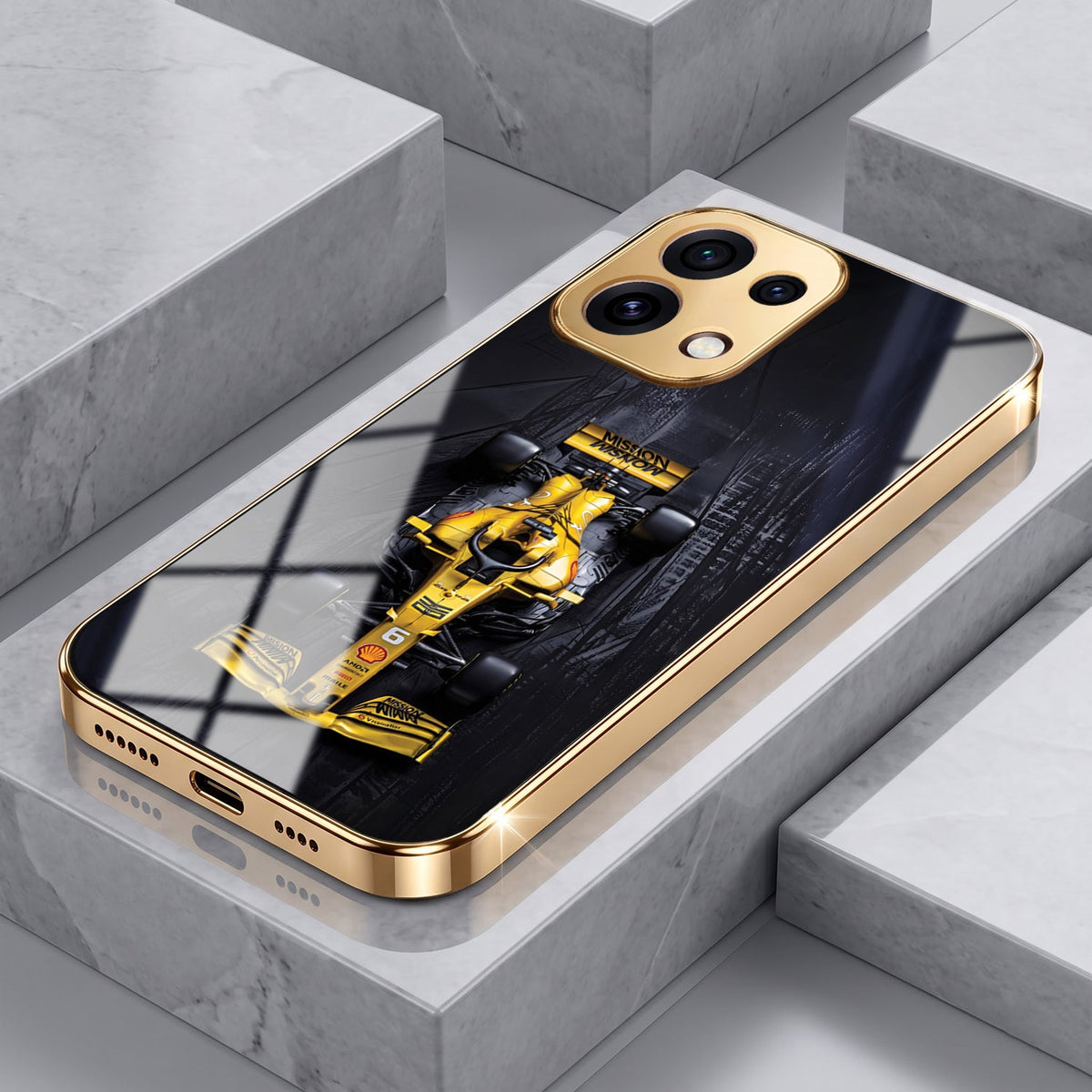 Oppo Reno 16C 5G F1 Racing Car Gold Electroplated Glass Phone Back Case