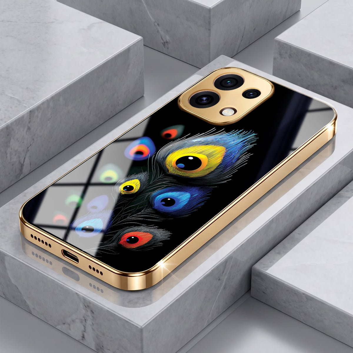 Oppo Reno 16C 5G Multi-Feather Peacock Gold Electroplated Glass Phone Back Case