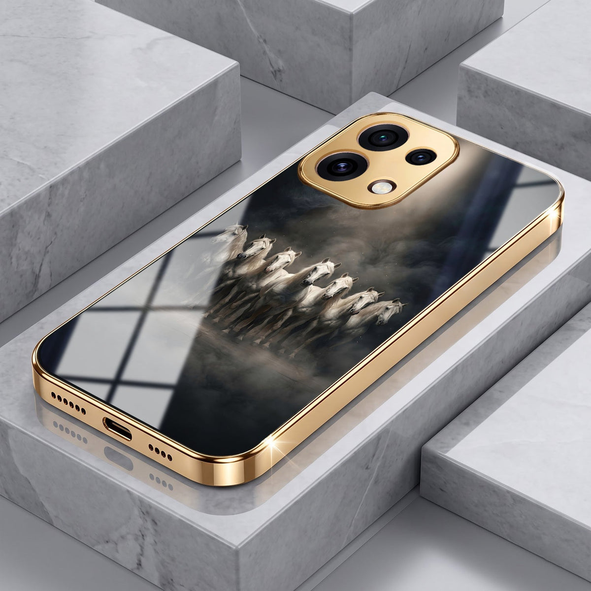 Oppo Reno 16C 5G Running Horses Gold Electroplated Glass Phone Back Case