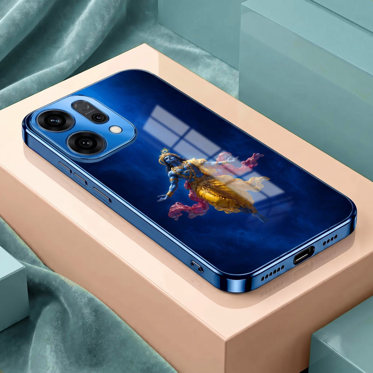 Oppo Reno 14 5G Lord Krishna Blue Electroplated Glass Phone Back Case