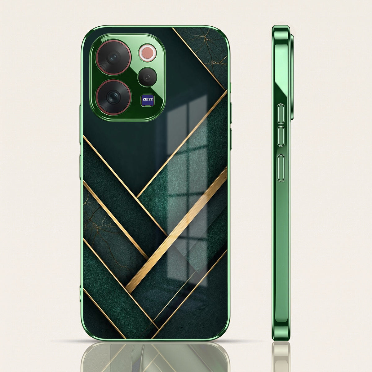 Vivo V70 5G Emerald Gold Geometric Green Electroplated Glass Back Case