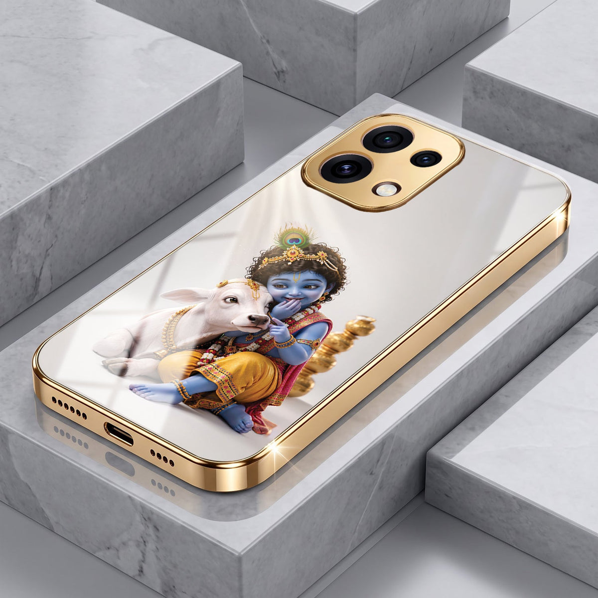 Oppo Reno 16C 5G Bal Krishna Blessings Gold Electroplated Glass Phone Back Case