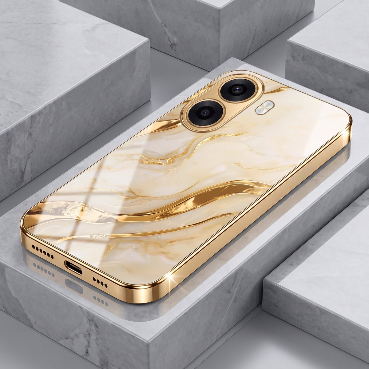 Oppo K14x 5G Marvel Texture Gold Electroplated Glass Phone Back Case