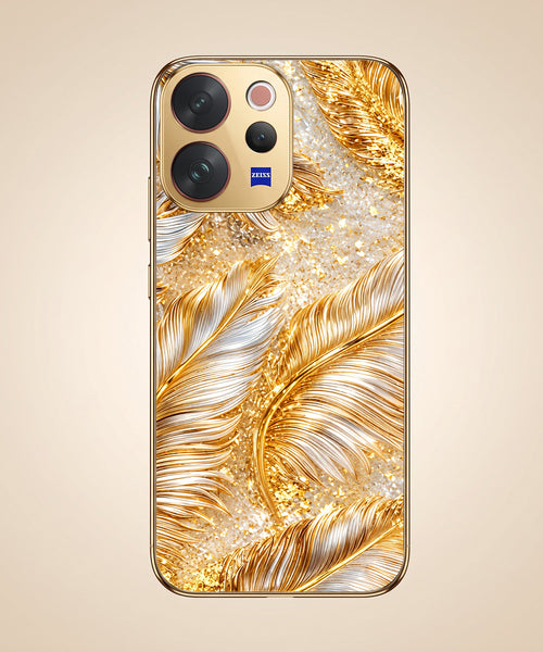 Vivo V70 5G Golden Feather Marble Gold Electroplated Glass Phone Back Case
