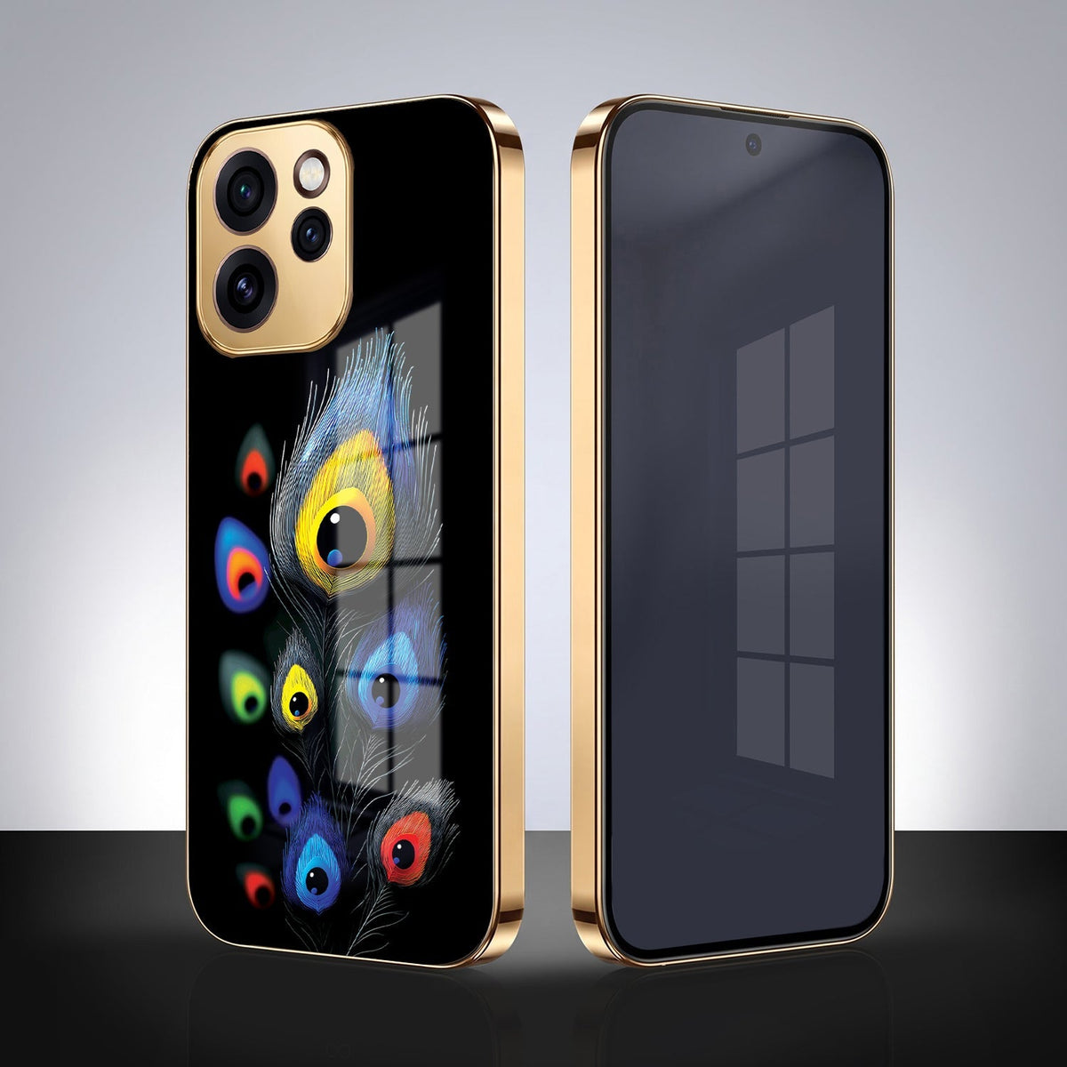 Oppo Reno 15 Pro Mini 5G Premium Peacock Feather Gold Electroplated Glass Phone Back Case