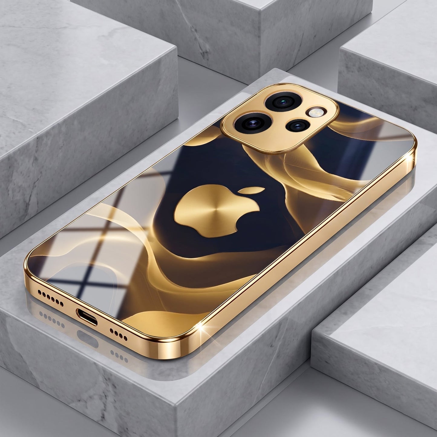 Oppo Reno 15 Pro Mini 5G Luxury Wave Gold Electroplated Glass Phone Back Case