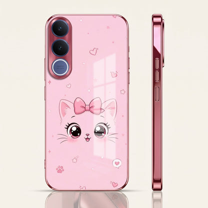 Vivo V70 FE 5G Luxury Cute Cat Pink Electroplated Glass Phone Back Case