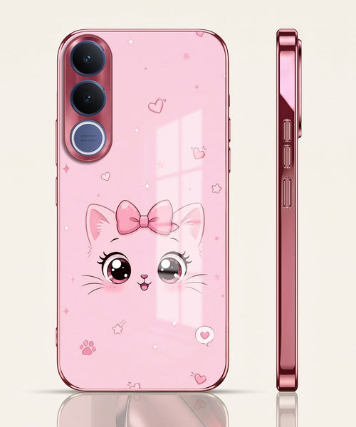 Vivo V70 FE 5G Luxury Cute Cat Pink Electroplated Glass Phone Back Case