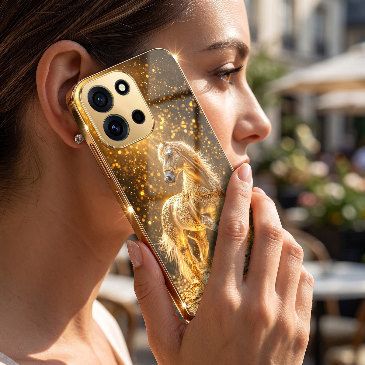 OnePlus Nord 6 5G Golden Horse Sparkle Gold Electroplated Glass Phone Back Case