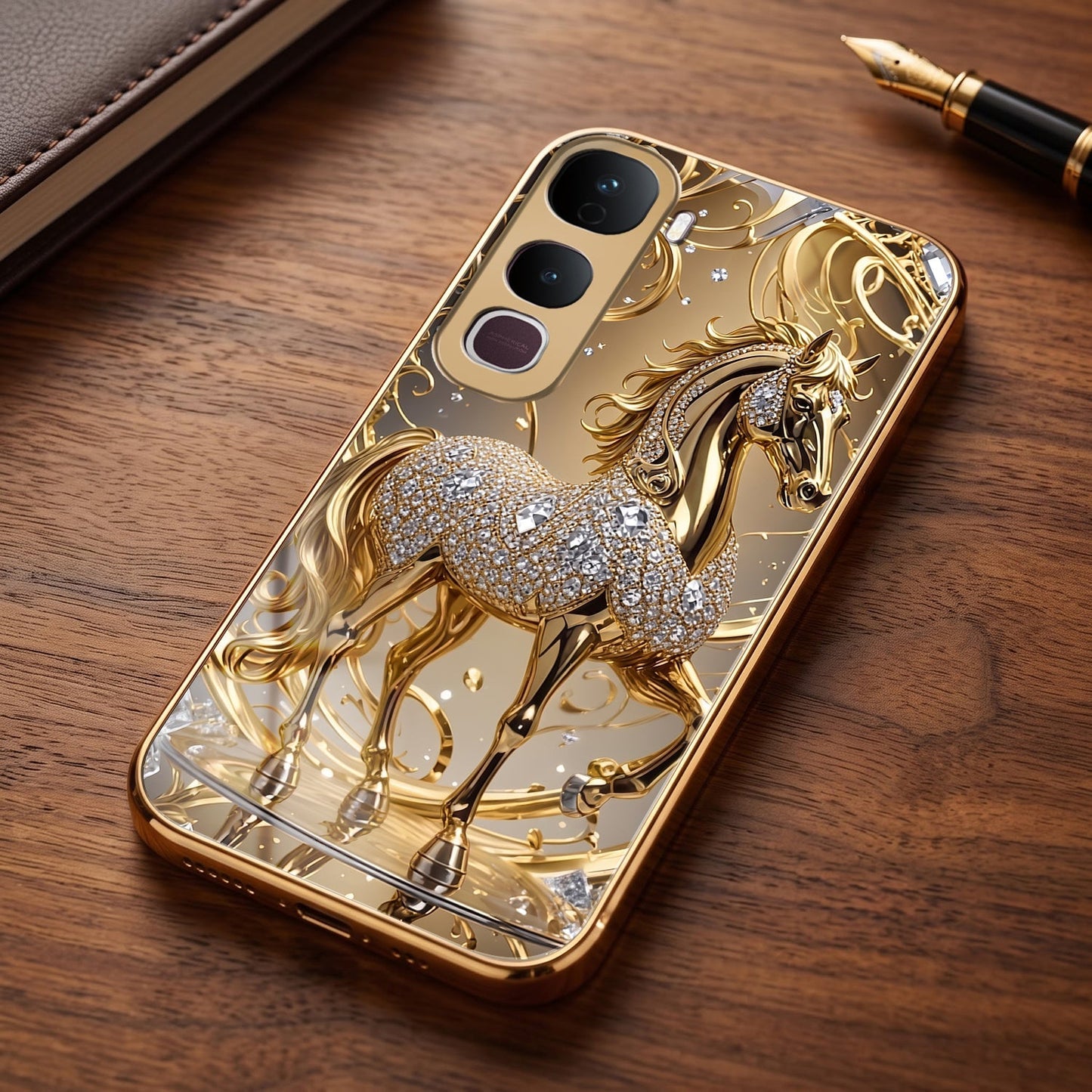 Vivo Y400 Pro 5G Luxury Horse Texture Gold Electroplated Glass Phone Back Case