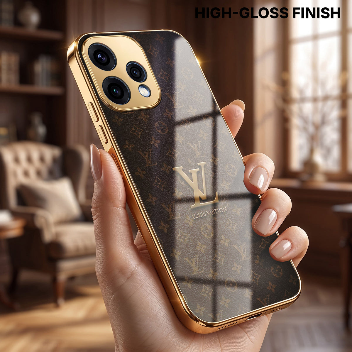 Oppo Reno 15 5G LV Brown Monogram Gold Electroplated Glass Phone Back Case