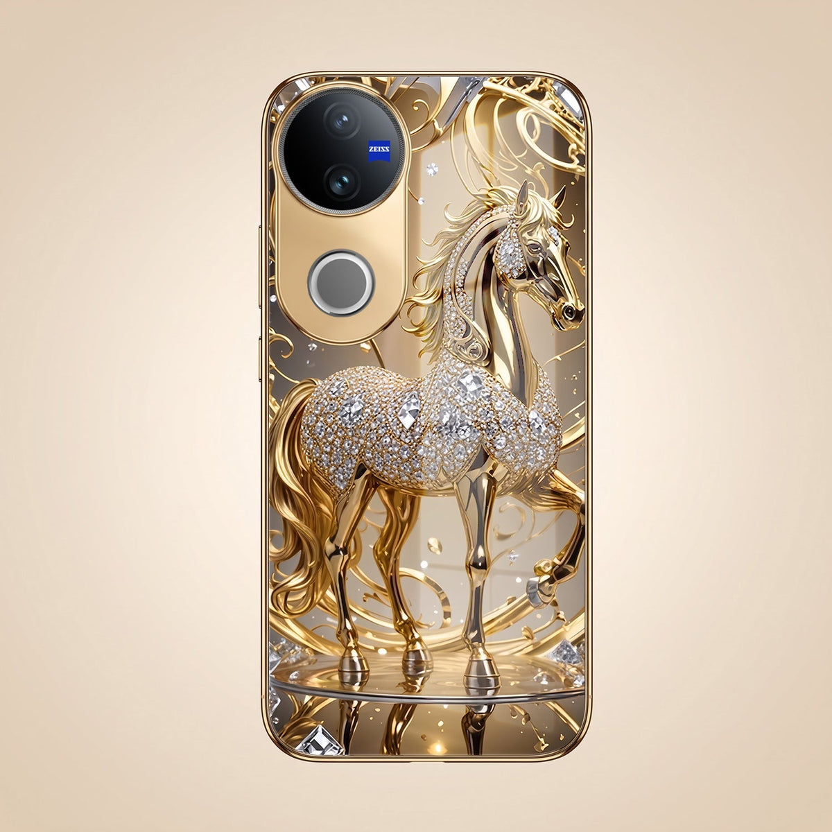 Vivo V50 5G Luxury Horse Texture Gold Electroplated Glass Phone Back Case