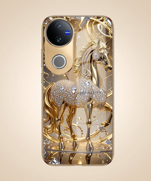 Vivo V50 5G Luxury Horse Texture Gold Electroplated Glass Phone Back Case