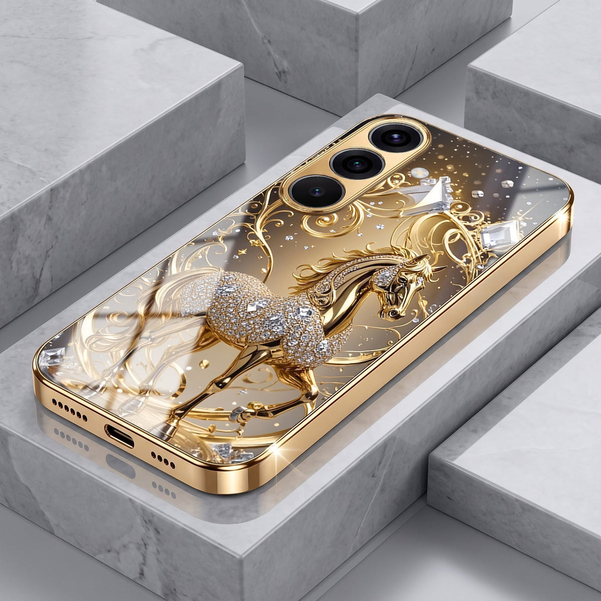 Samsung Galaxy A36 5G Luxury Horse Texture Gold Electroplated Glass Phone Back Case