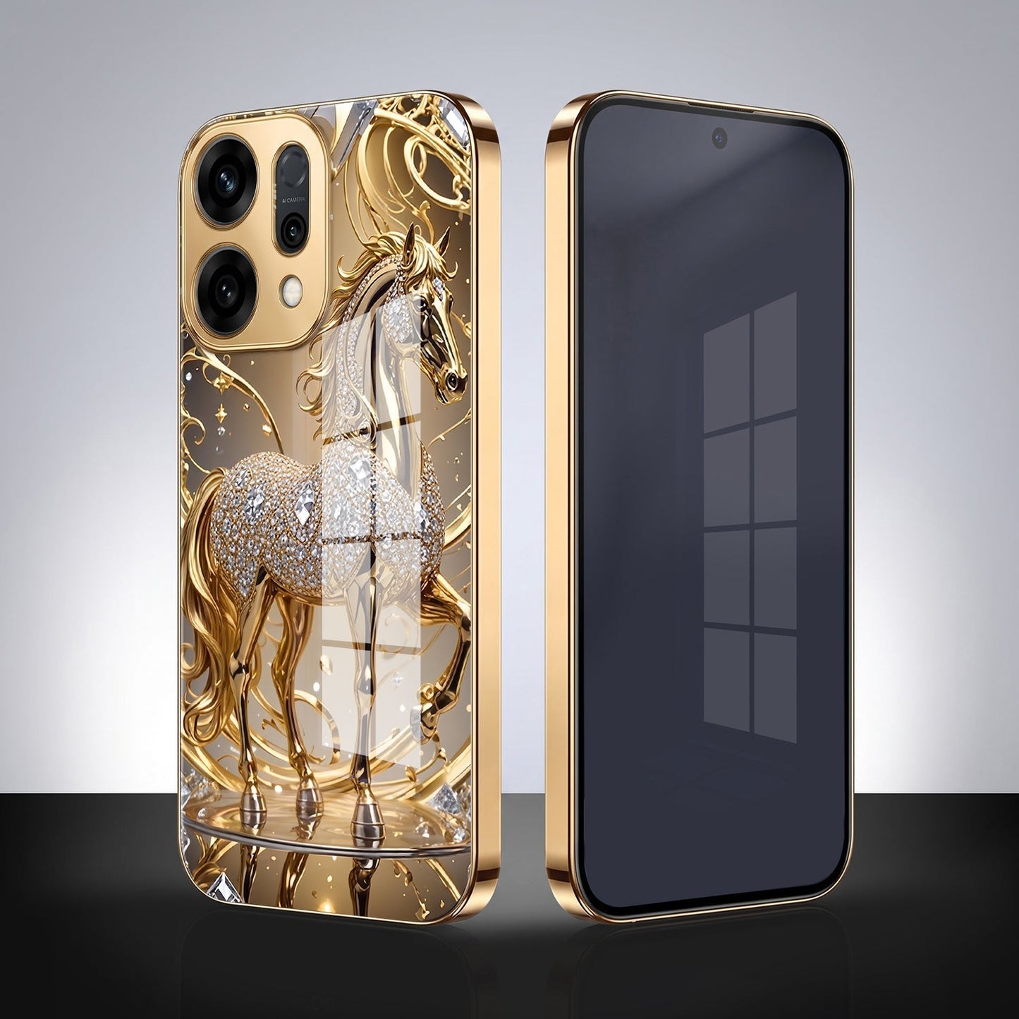 Oppo Reno 14 5G Luxury Horse Texture Gold Electroplated Glass Phone Back Case
