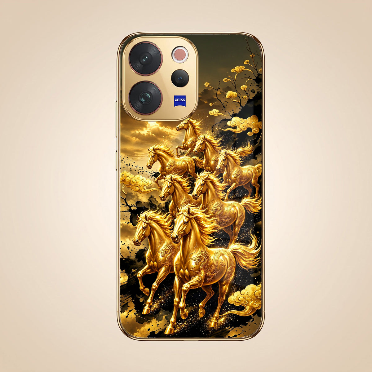Vivo V70 5G Horses Royal Glory Gold Electroplated Glass Phone Back Case