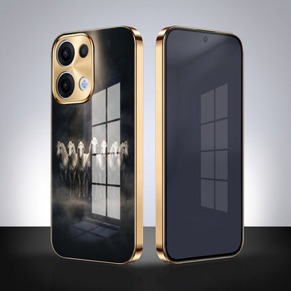 Oppo Reno 13 5G Running Horses Gold Electroplated Glass Phone Back Case