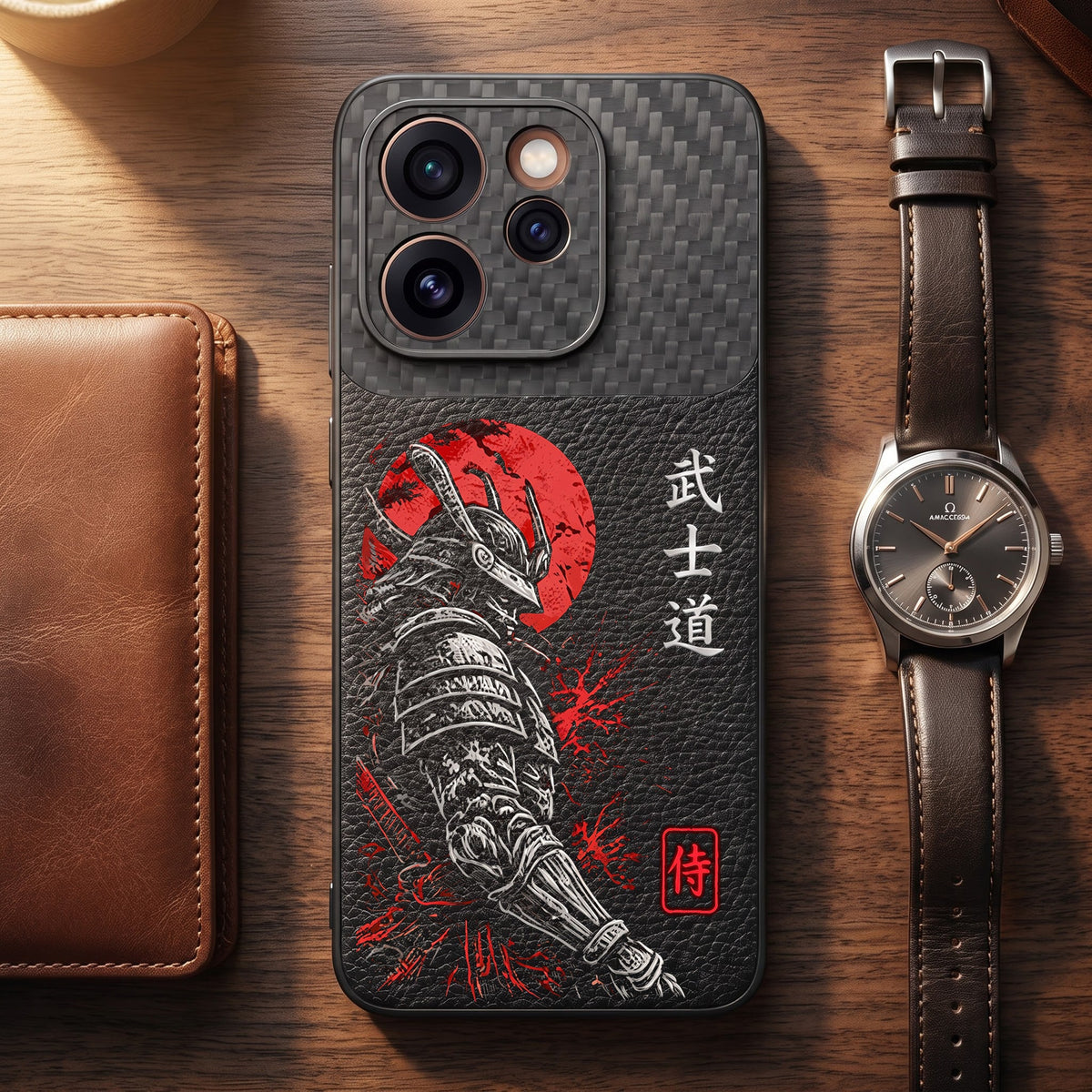 Oppo Reno 15 Pro Mini 5G Samurai Mask Carbon Fiber Leather Hybrid Back Case