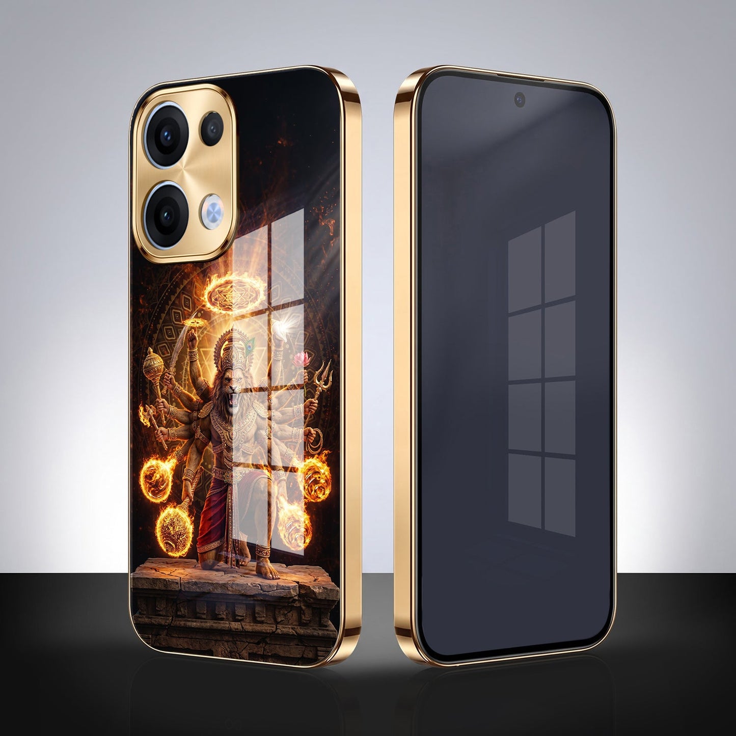 Oppo Reno 13 5G Lord Narasimha Gold Electroplated Glass Phone Back Case