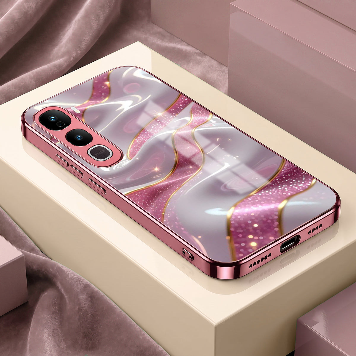 Vivo Y400 Pro 5G Pearl Marble Pink Electroplated Glass Phone Back Case