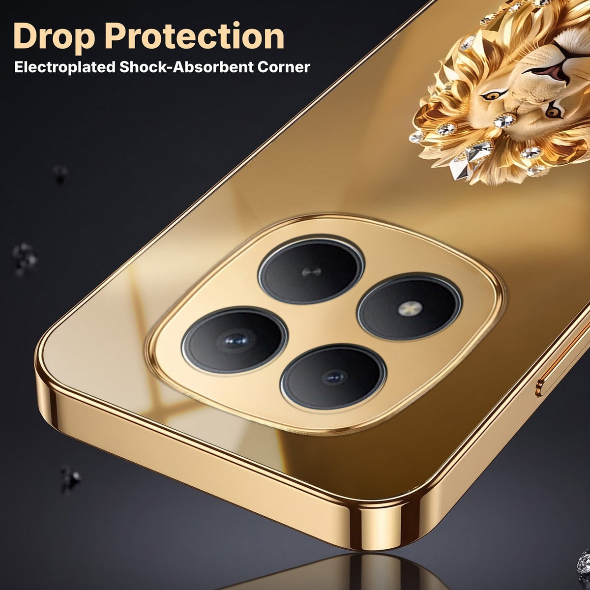 Redmi Note 15 Pro+ 5G Luxury Lion Gold Electroplated Glass Phone Back Case