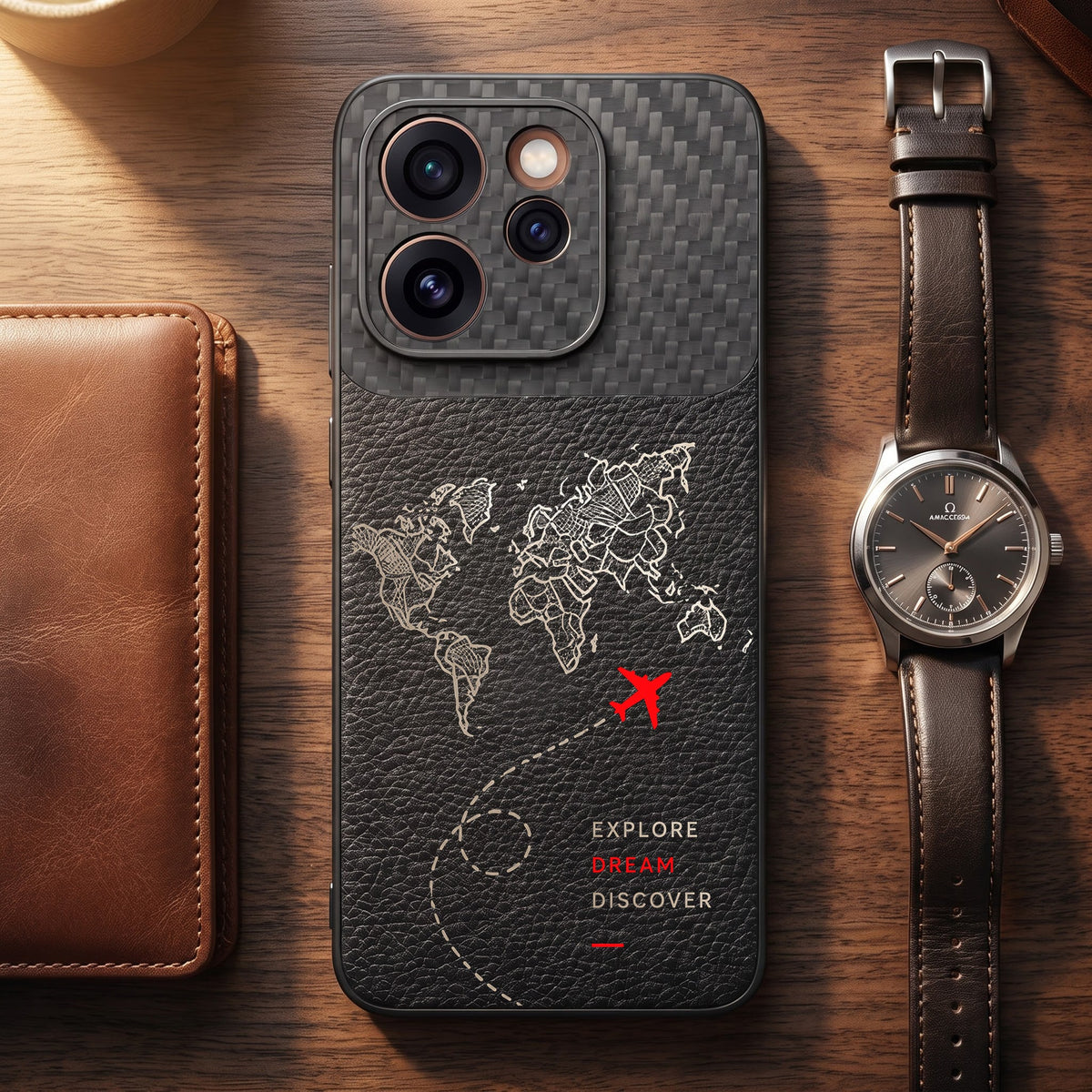 Oppo Reno 15 Pro Mini 5G Travel Map Carbon Fiber Leather Hybrid Back Case