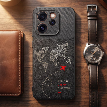 Oppo Reno 15 Pro Mini 5G Travel Map Carbon Fiber Leather Hybrid Back Case