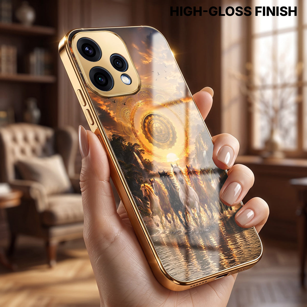Oppo Reno 15 5G Celestial Seven Horses Gold Electroplated Glass Phone Back Case