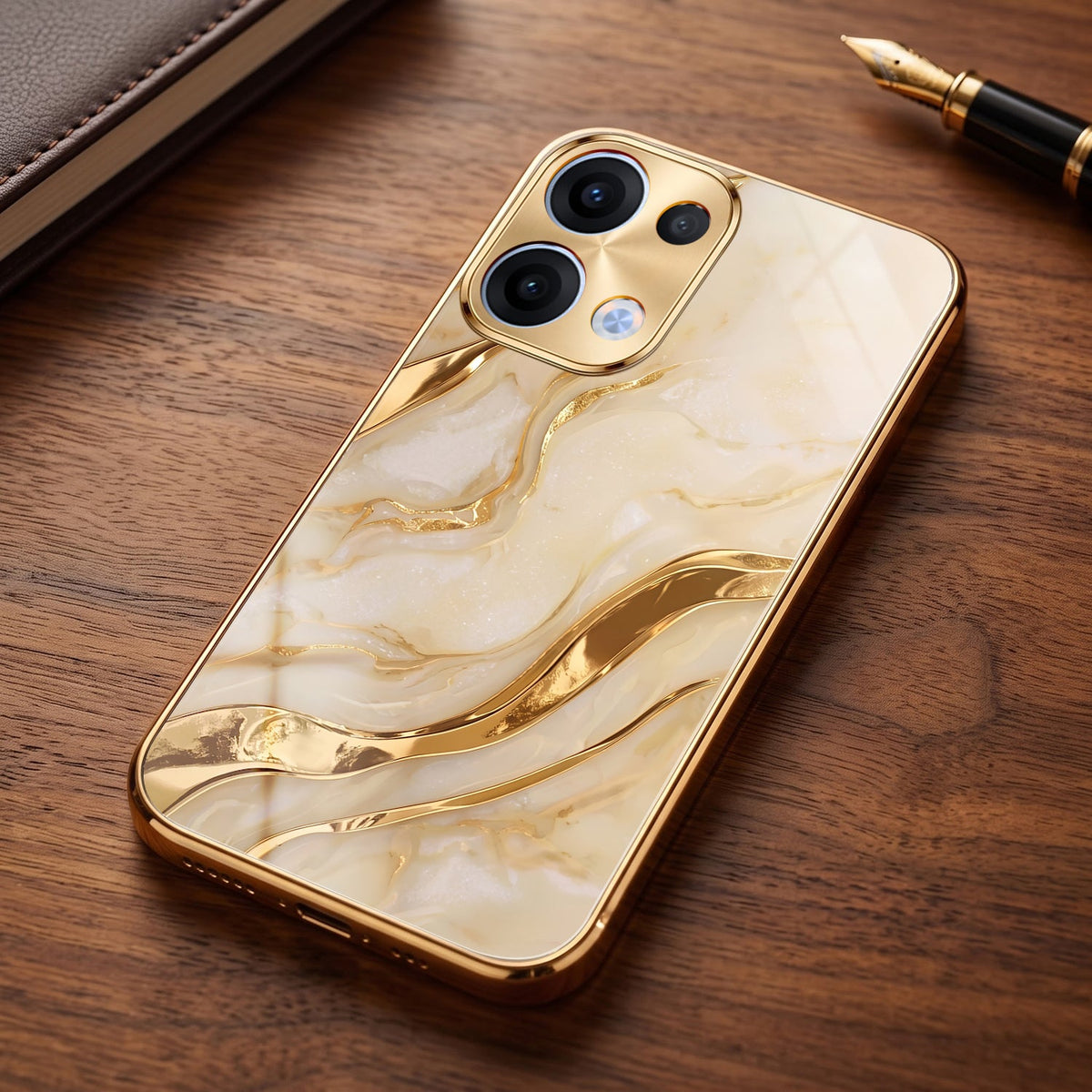 Oppo Reno 13 5G Marvel Texture Gold Electroplated Glass Phone Back Case