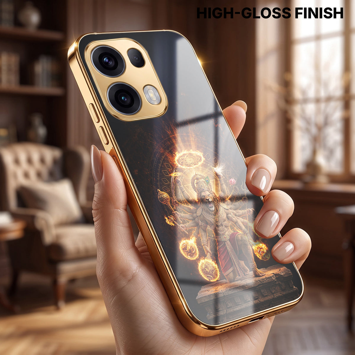 Oppo Reno 13 Pro 5G Lord Narasimha Gold Electroplated Glass Phone Back Case