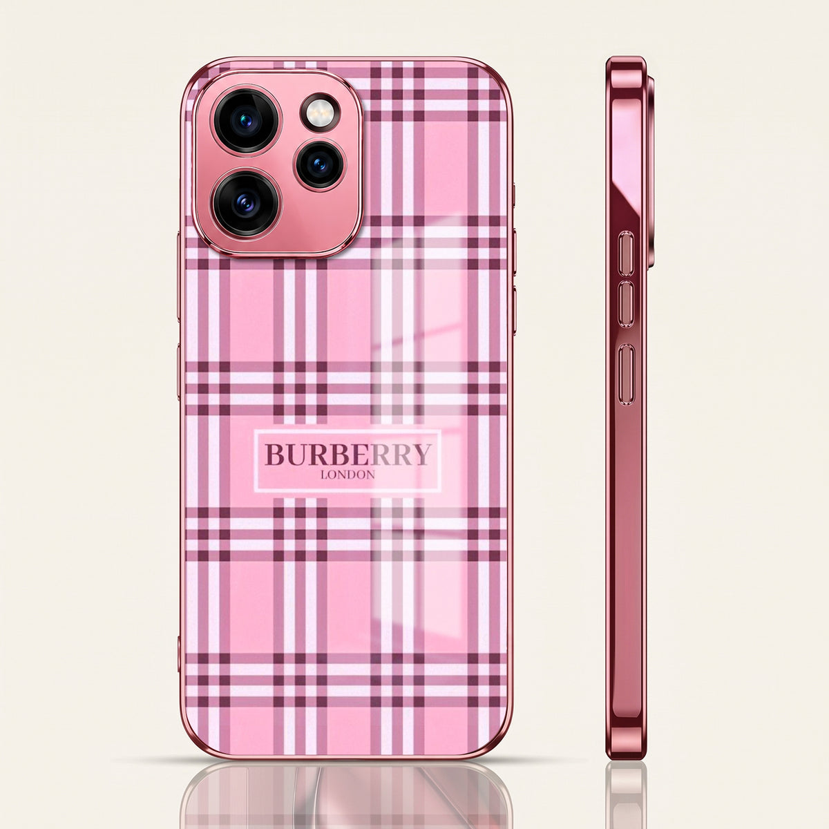 Oppo Reno 15 Pro 5G Burberry Classic Pink Electroplated Glass Phone Back Case