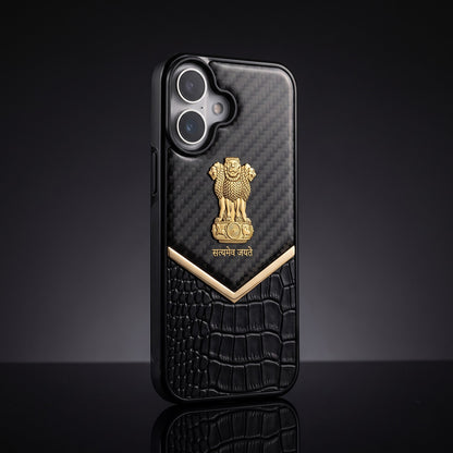iPhone 16 Series Satyamev Jayate Gold Emblem Hybrid Leather Case