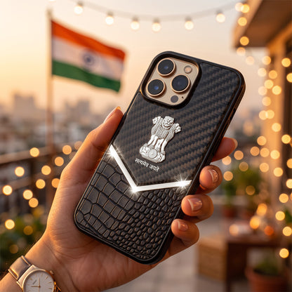 iPhone 14 Pro Series Satyamev Jayate Gold Emblem Hybrid Leather Case