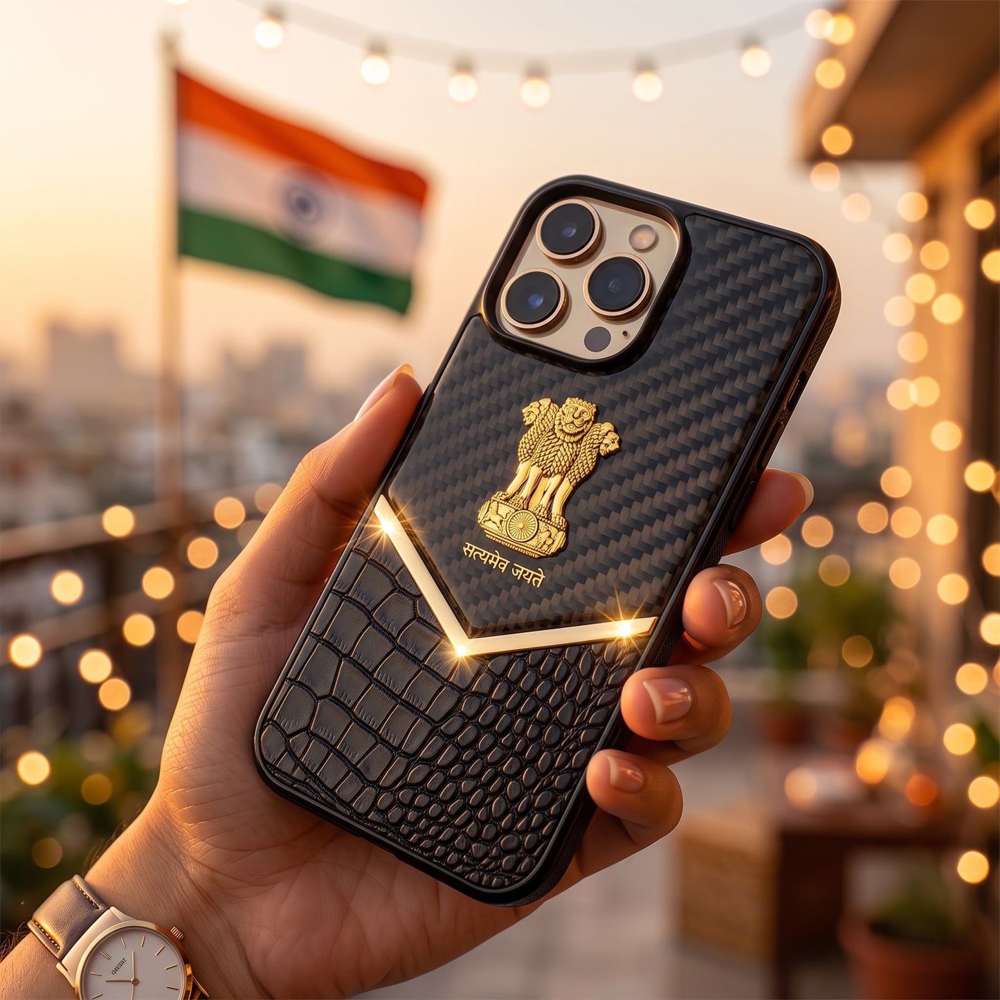 iPhone 14 Pro Series Satyamev Jayate Gold Emblem Hybrid Leather Case