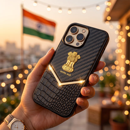 iPhone 14 Pro Series Satyamev Jayate Gold Emblem Hybrid Leather Case